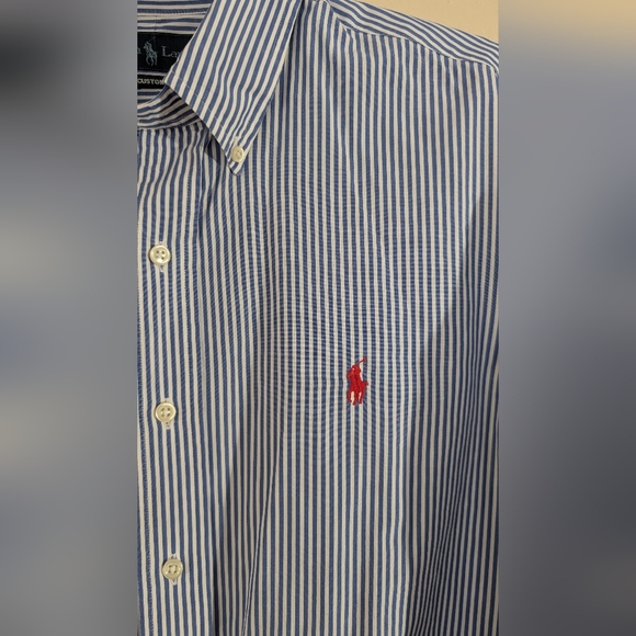 Ralph Lauren Men's Large Custom Fit Button Down Collar Blue Stripe Dress Shirt - Picture 3 of 5